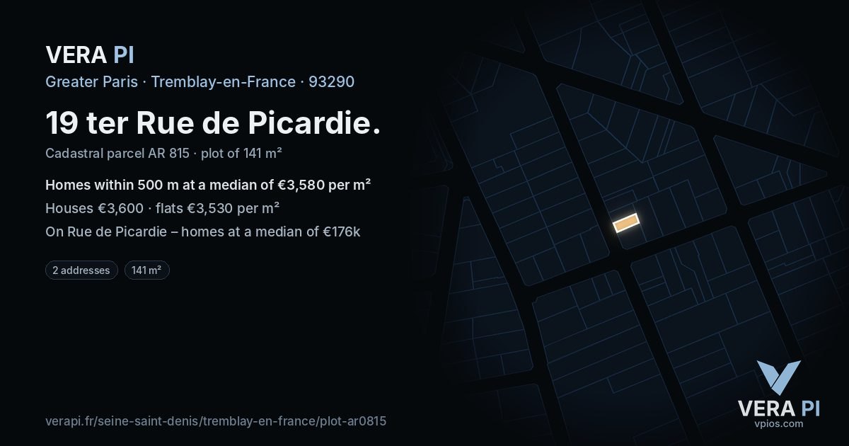 19 ter Rue de Picardie, Tremblay-en-France at night – the plot lit, the parcels around coloured by the prices near them
