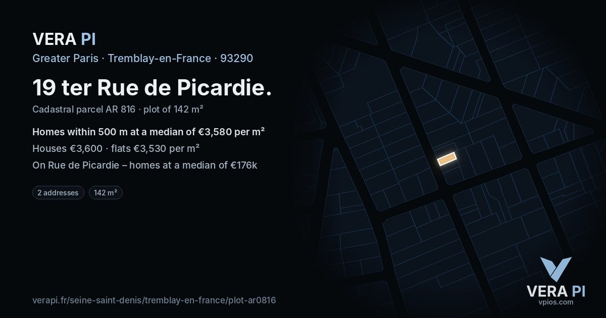 19 ter Rue de Picardie, Tremblay-en-France at night – the plot lit, the parcels around coloured by the prices near them