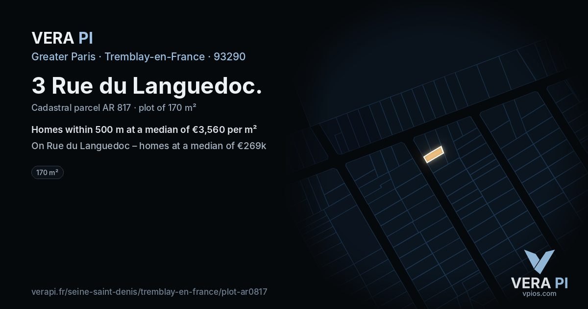 3 Rue du Languedoc, Tremblay-en-France at night – the plot lit, the parcels around coloured by the prices near them