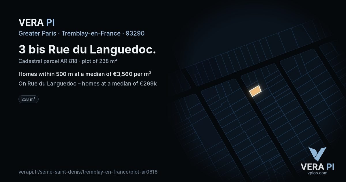 3 bis Rue du Languedoc, Tremblay-en-France at night – the plot lit, the parcels around coloured by the prices near them