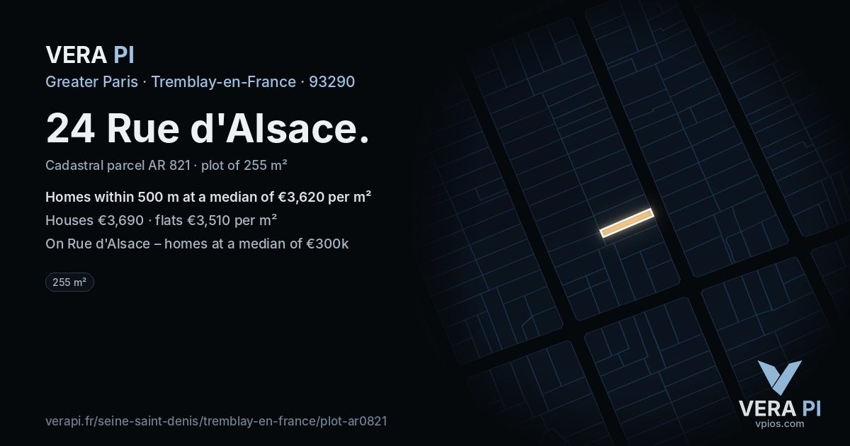 24 Rue d'Alsace, Tremblay-en-France at night – the plot lit, the parcels around coloured by the prices near them