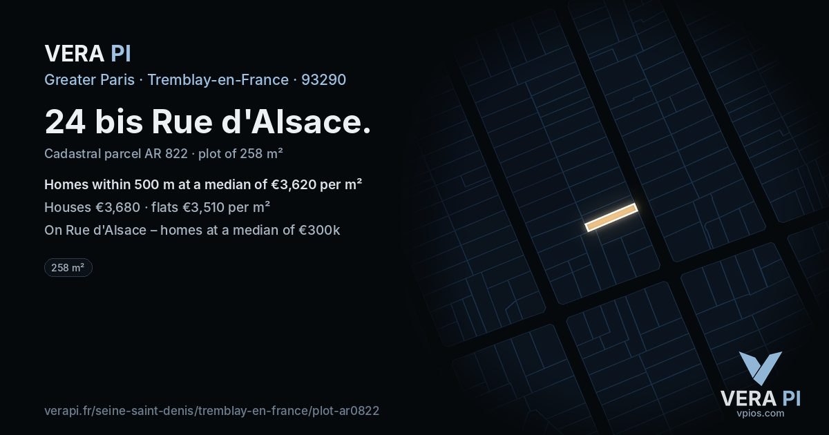 24 bis Rue d'Alsace, Tremblay-en-France at night – the plot lit, the parcels around coloured by the prices near them