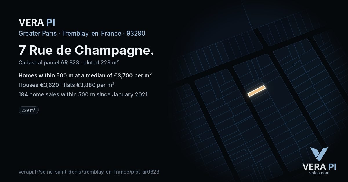 7 Rue de Champagne, Tremblay-en-France at night – the plot lit, the parcels around coloured by the prices near them