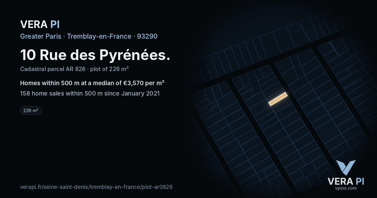 10 Rue des Pyrénées, Tremblay-en-France at night – the plot lit, the parcels around coloured by the prices near them