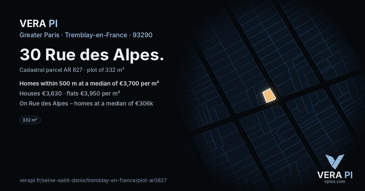 30 Rue des Alpes, Tremblay-en-France at night – the plot lit, the parcels around coloured by the prices near them