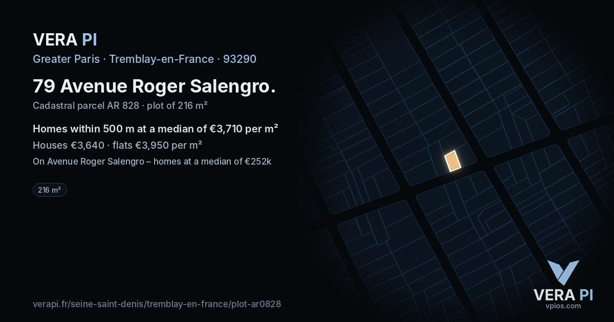 79 Avenue Roger Salengro, Tremblay-en-France at night – the plot lit, the parcels around coloured by the prices near them