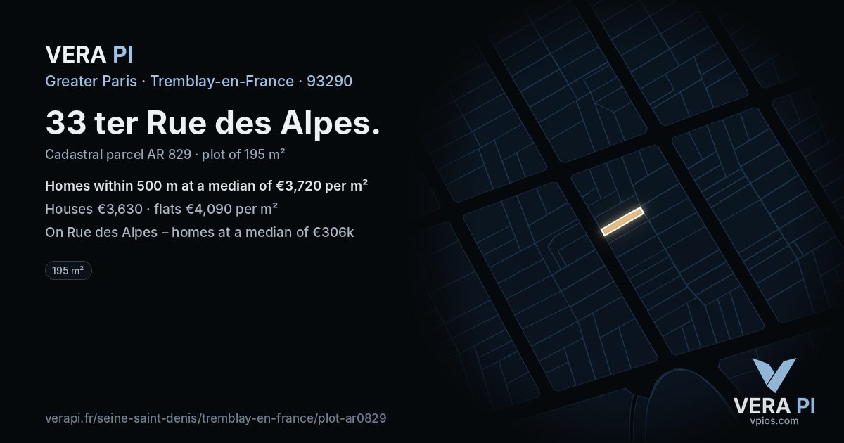 33 ter Rue des Alpes, Tremblay-en-France at night – the plot lit, the parcels around coloured by the prices near them
