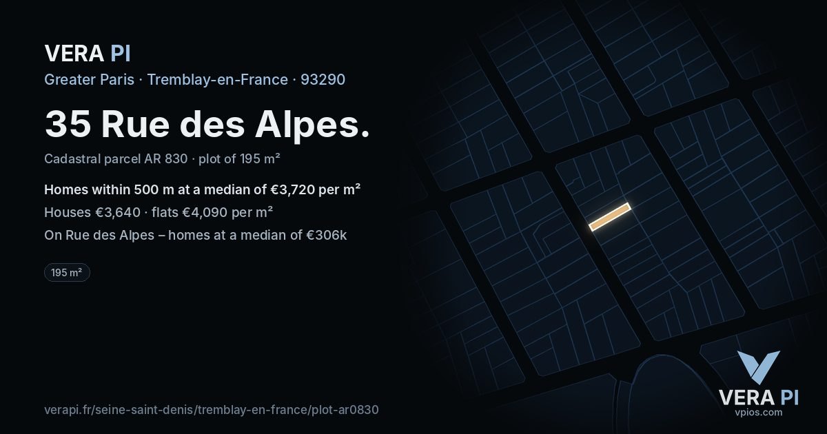 35 Rue des Alpes, Tremblay-en-France at night – the plot lit, the parcels around coloured by the prices near them