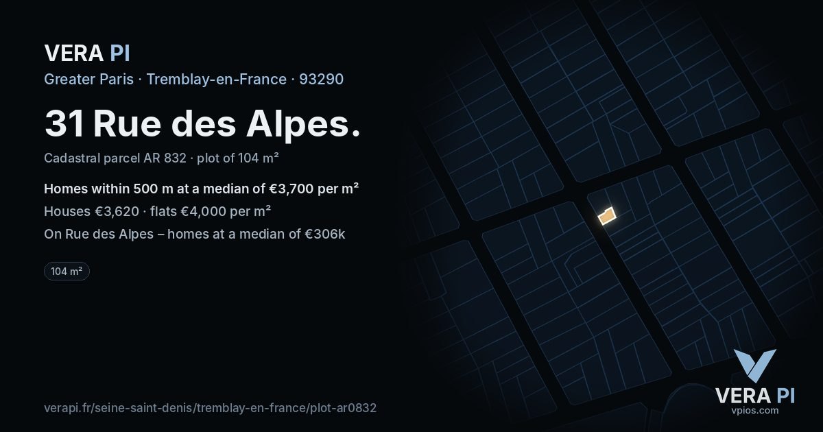 31 Rue des Alpes, Tremblay-en-France at night – the plot lit, the parcels around coloured by the prices near them