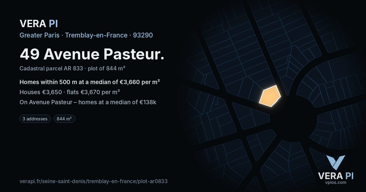 49 Avenue Pasteur, Tremblay-en-France at night – the plot lit, the parcels around coloured by the prices near them