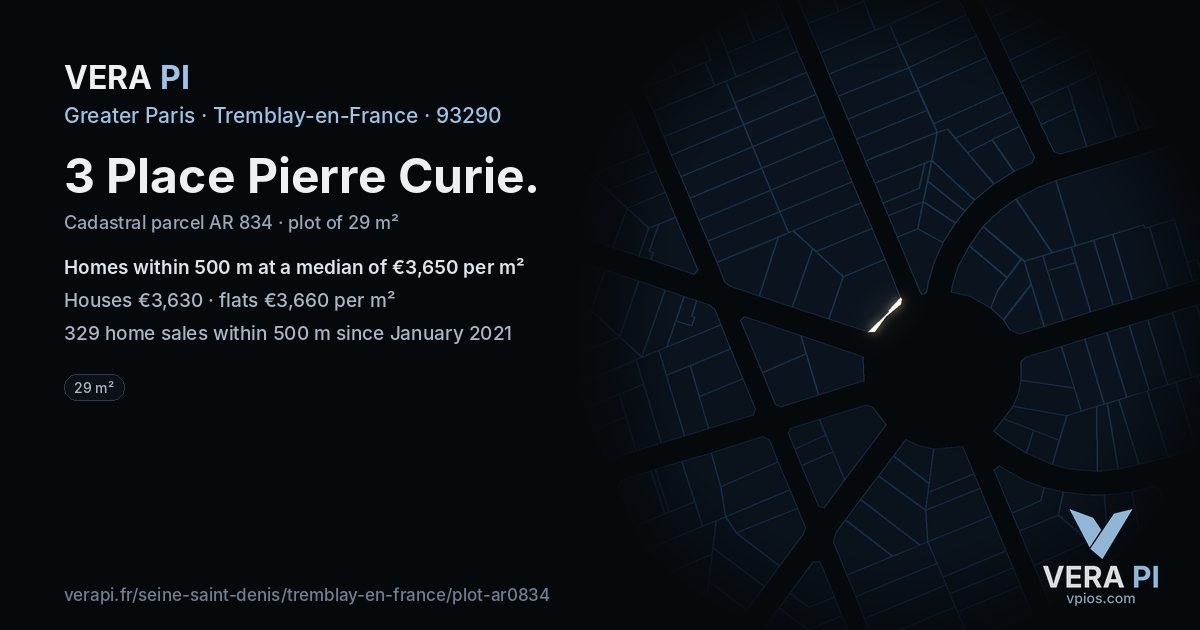 3 Place Pierre Curie, Tremblay-en-France at night – the plot lit, the parcels around coloured by the prices near them