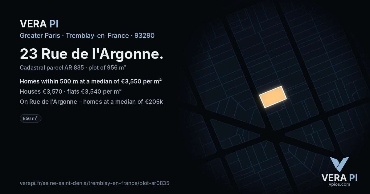 23 Rue de l'Argonne, Tremblay-en-France at night – the plot lit, the parcels around coloured by the prices near them