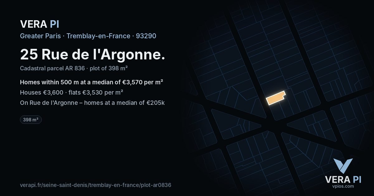 25 Rue de l'Argonne, Tremblay-en-France at night – the plot lit, the parcels around coloured by the prices near them