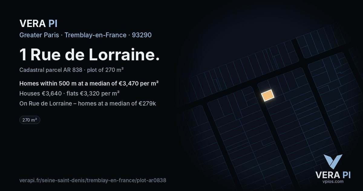 1 Rue de Lorraine, Tremblay-en-France at night – the plot lit, the parcels around coloured by the prices near them