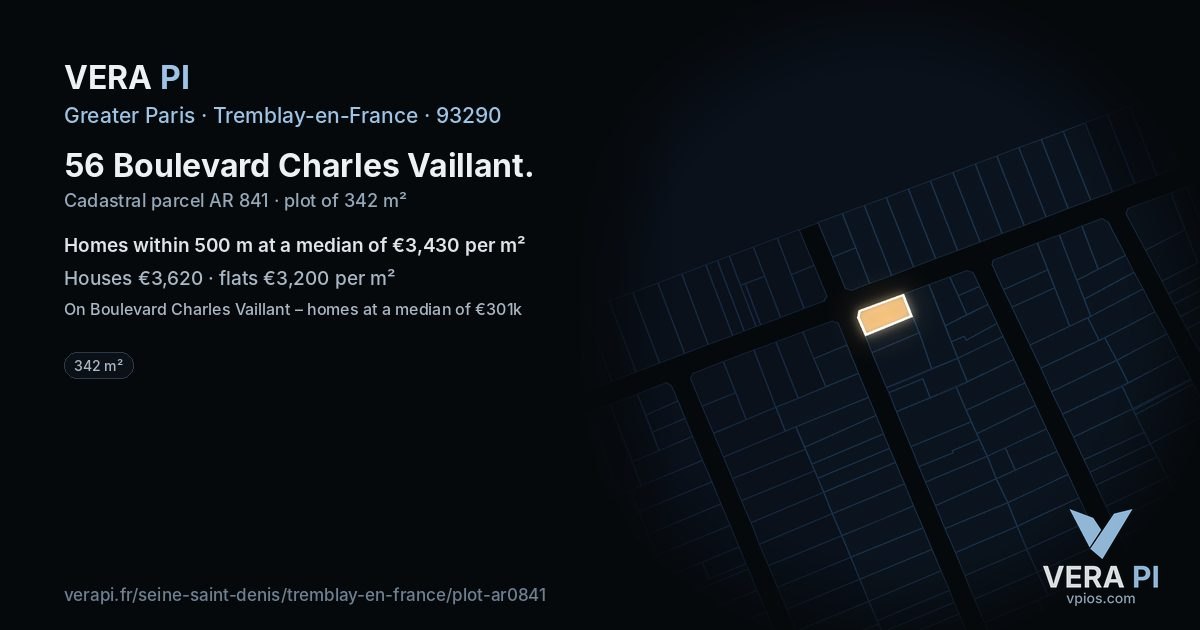 56 Boulevard Charles Vaillant, Tremblay-en-France at night – the plot lit, the parcels around coloured by the prices near them