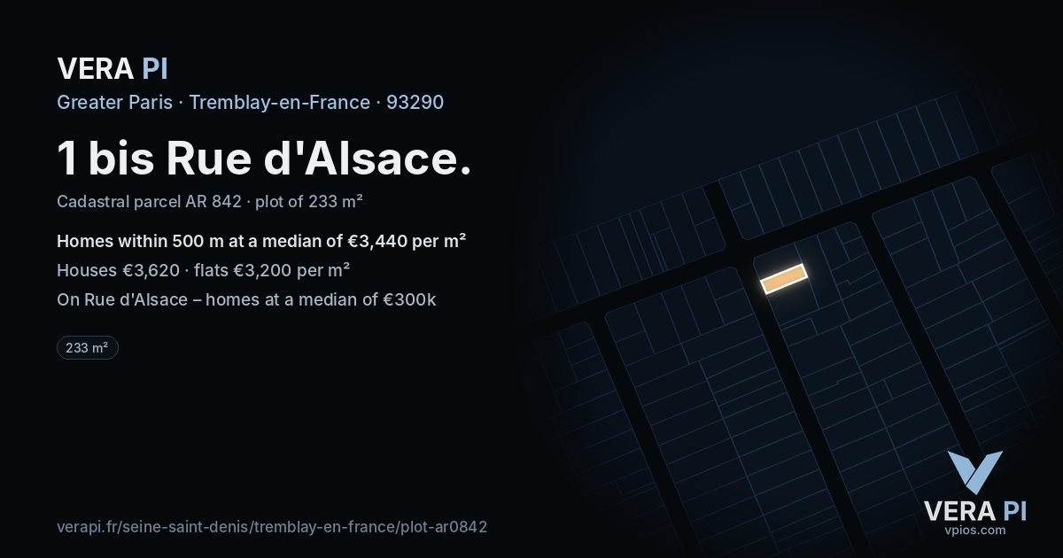 1 bis Rue d'Alsace, Tremblay-en-France at night – the plot lit, the parcels around coloured by the prices near them