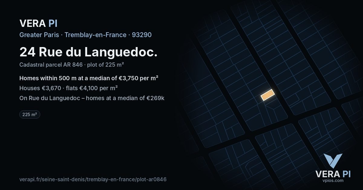 24 Rue du Languedoc, Tremblay-en-France at night – the plot lit, the parcels around coloured by the prices near them