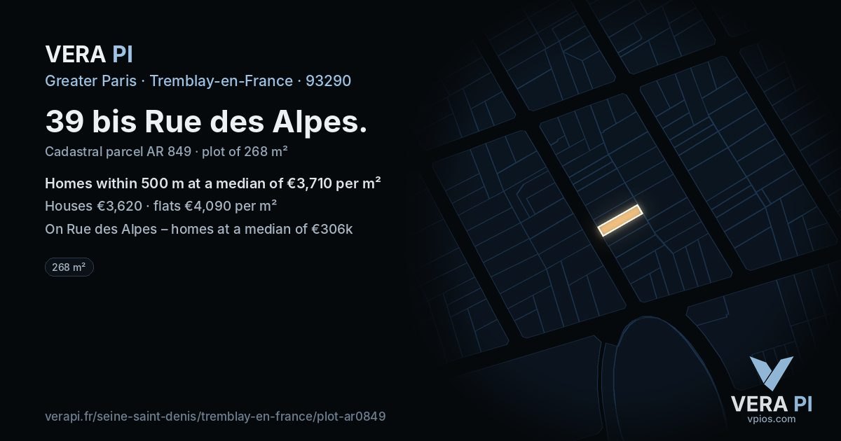 39 bis Rue des Alpes, Tremblay-en-France at night – the plot lit, the parcels around coloured by the prices near them