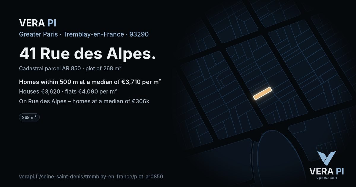 41 Rue des Alpes, Tremblay-en-France at night – the plot lit, the parcels around coloured by the prices near them