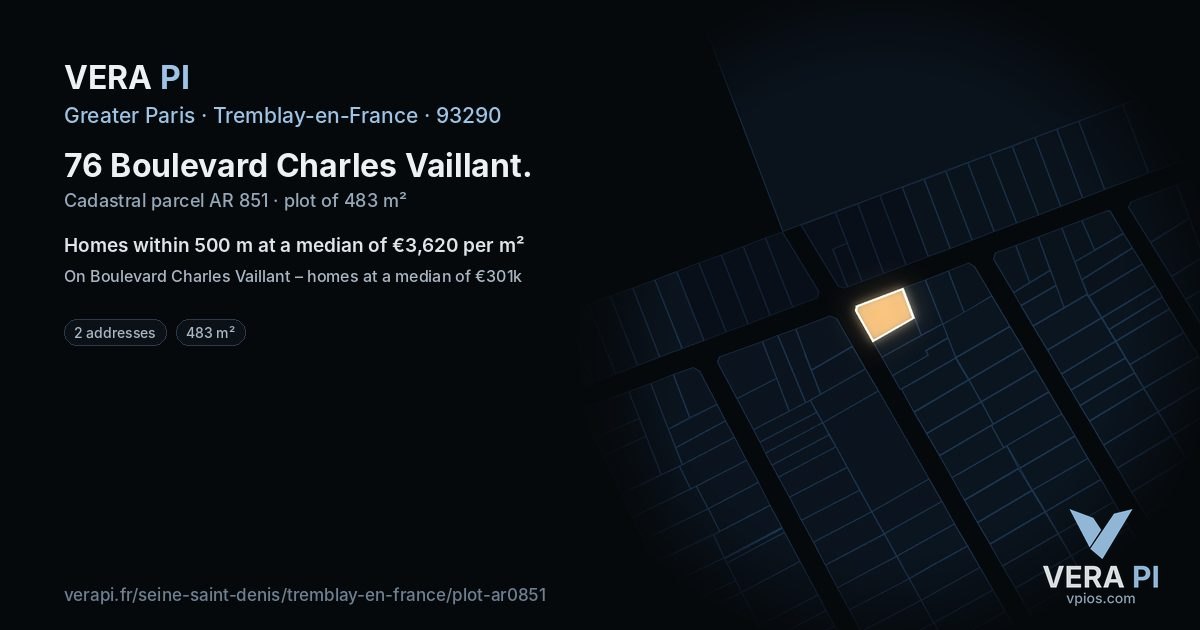 76 Boulevard Charles Vaillant, Tremblay-en-France at night – the plot lit, the parcels around coloured by the prices near them