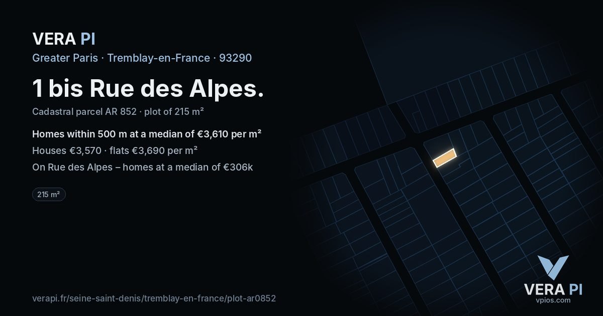 1 bis Rue des Alpes, Tremblay-en-France at night – the plot lit, the parcels around coloured by the prices near them