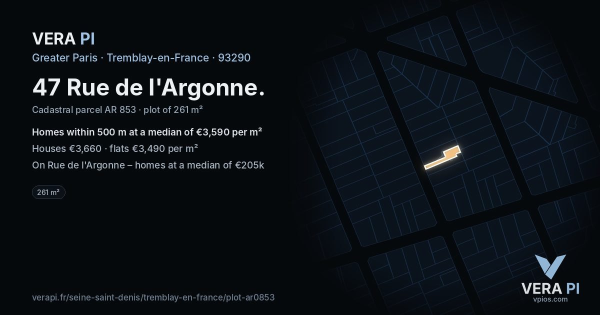 47 Rue de l'Argonne, Tremblay-en-France at night – the plot lit, the parcels around coloured by the prices near them