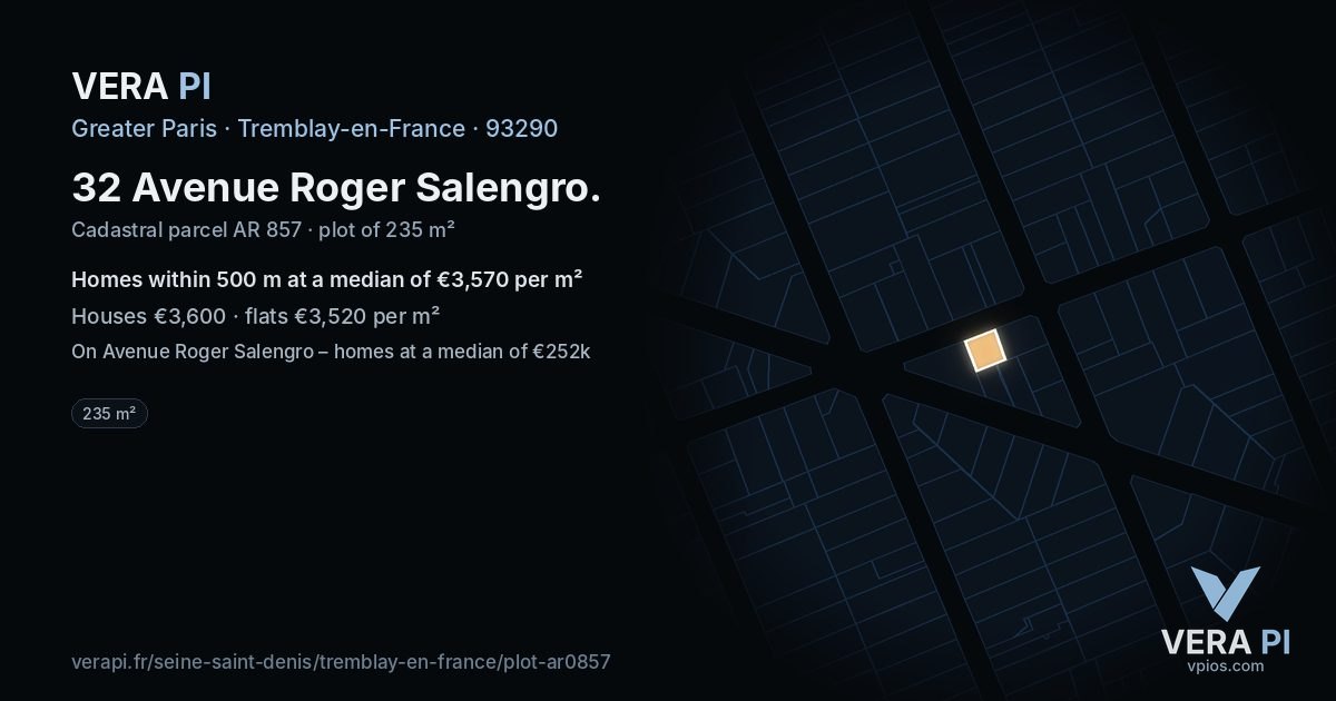 32 Avenue Roger Salengro, Tremblay-en-France at night – the plot lit, the parcels around coloured by the prices near them