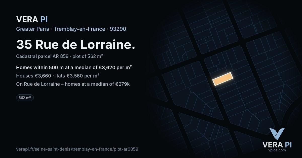 35 Rue de Lorraine, Tremblay-en-France at night – the plot lit, the parcels around coloured by the prices near them
