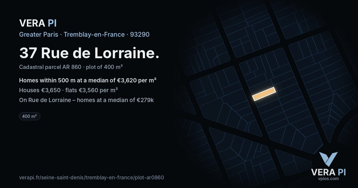 37 Rue de Lorraine, Tremblay-en-France at night – the plot lit, the parcels around coloured by the prices near them