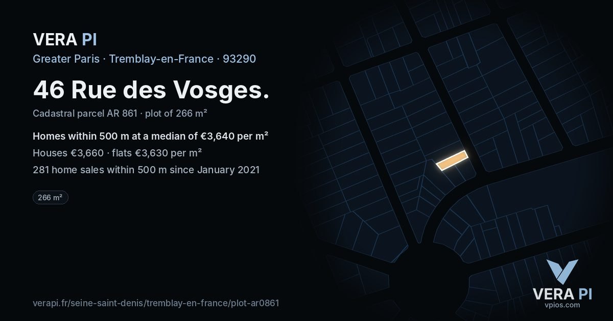 46 Rue des Vosges, Tremblay-en-France at night – the plot lit, the parcels around coloured by the prices near them