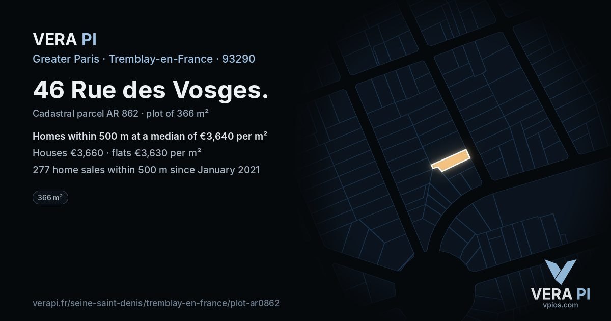 46 Rue des Vosges, Tremblay-en-France at night – the plot lit, the parcels around coloured by the prices near them