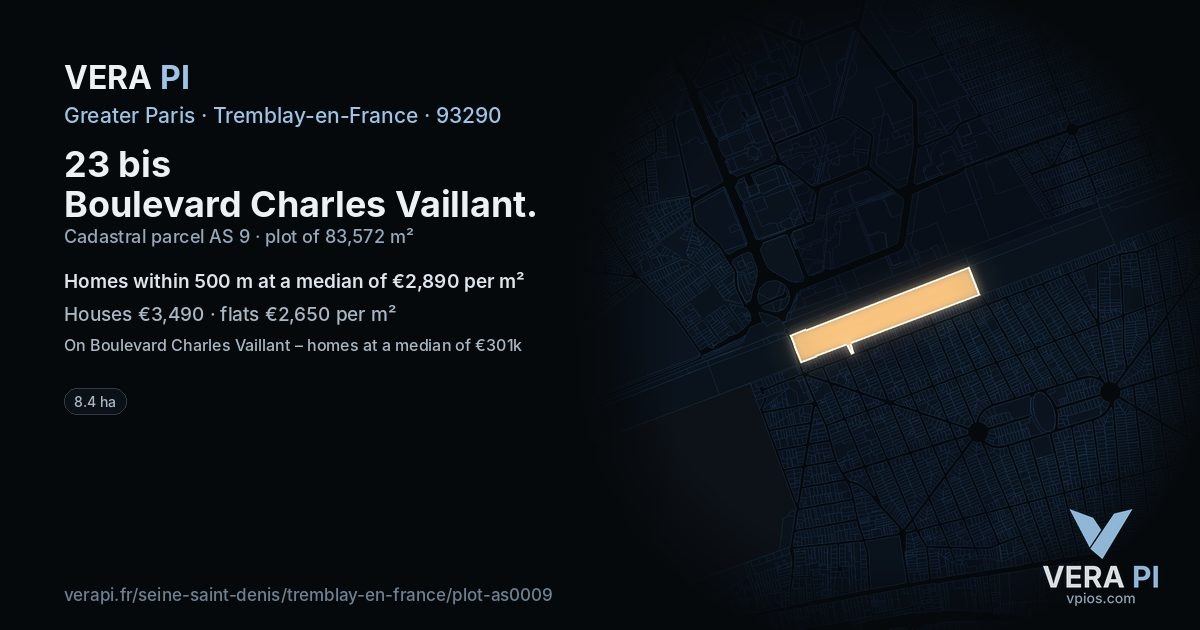 23 bis Boulevard Charles Vaillant, Tremblay-en-France at night – the plot lit, the parcels around coloured by the prices near them