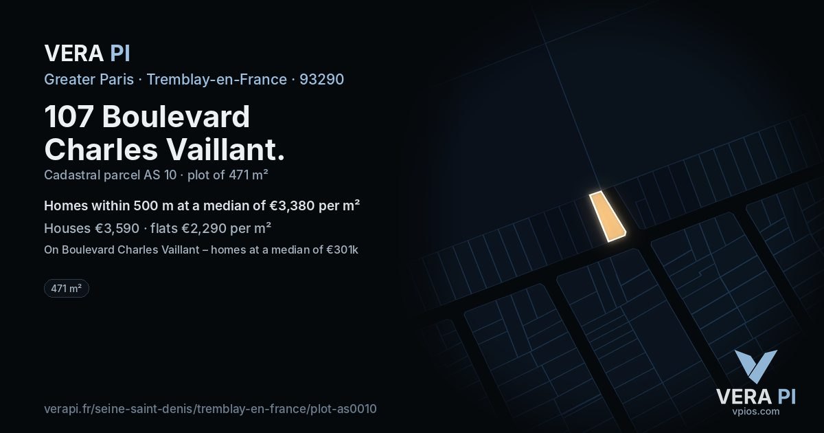 107 Boulevard Charles Vaillant, Tremblay-en-France at night – the plot lit, the parcels around coloured by the prices near them