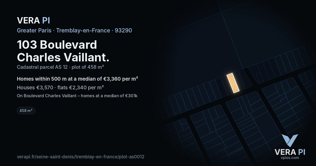 103 Boulevard Charles Vaillant, Tremblay-en-France at night – the plot lit, the parcels around coloured by the prices near them