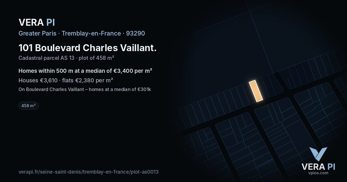 101 Boulevard Charles Vaillant, Tremblay-en-France at night – the plot lit, the parcels around coloured by the prices near them