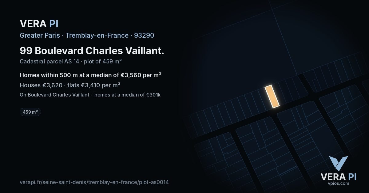 99 Boulevard Charles Vaillant, Tremblay-en-France at night – the plot lit, the parcels around coloured by the prices near them