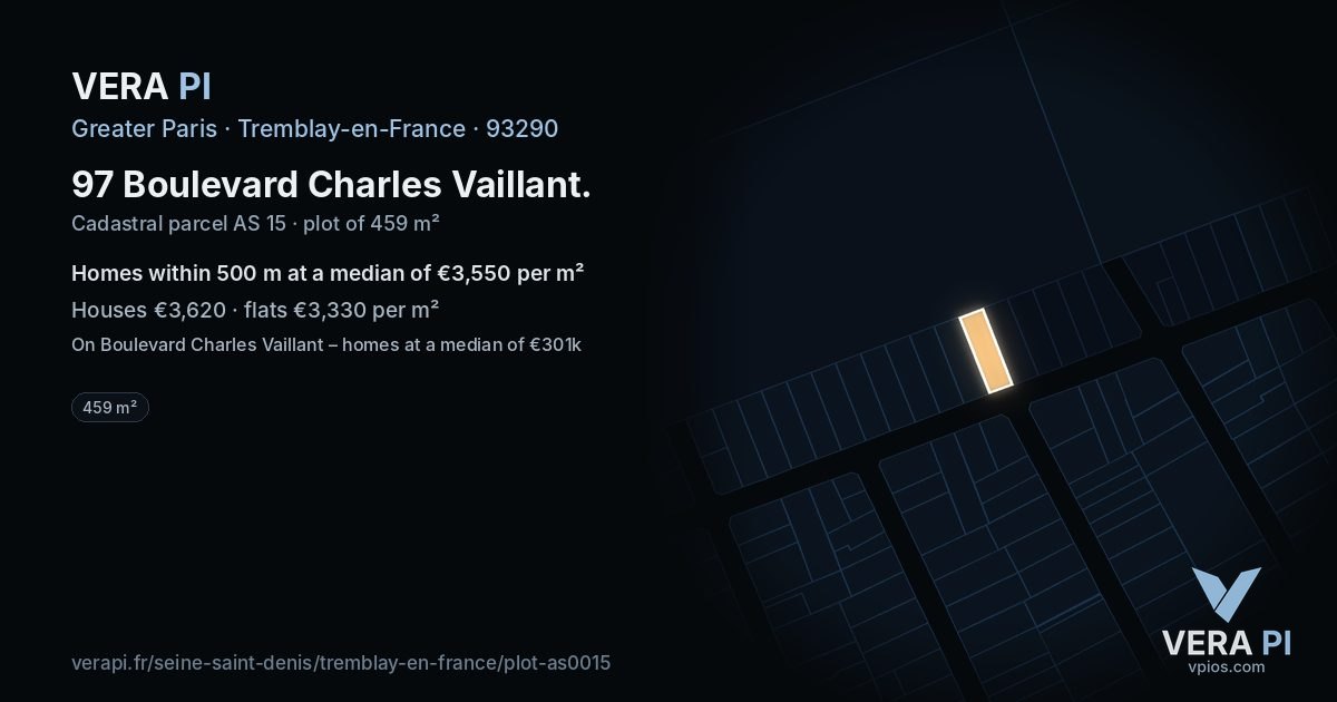 97 Boulevard Charles Vaillant, Tremblay-en-France at night – the plot lit, the parcels around coloured by the prices near them