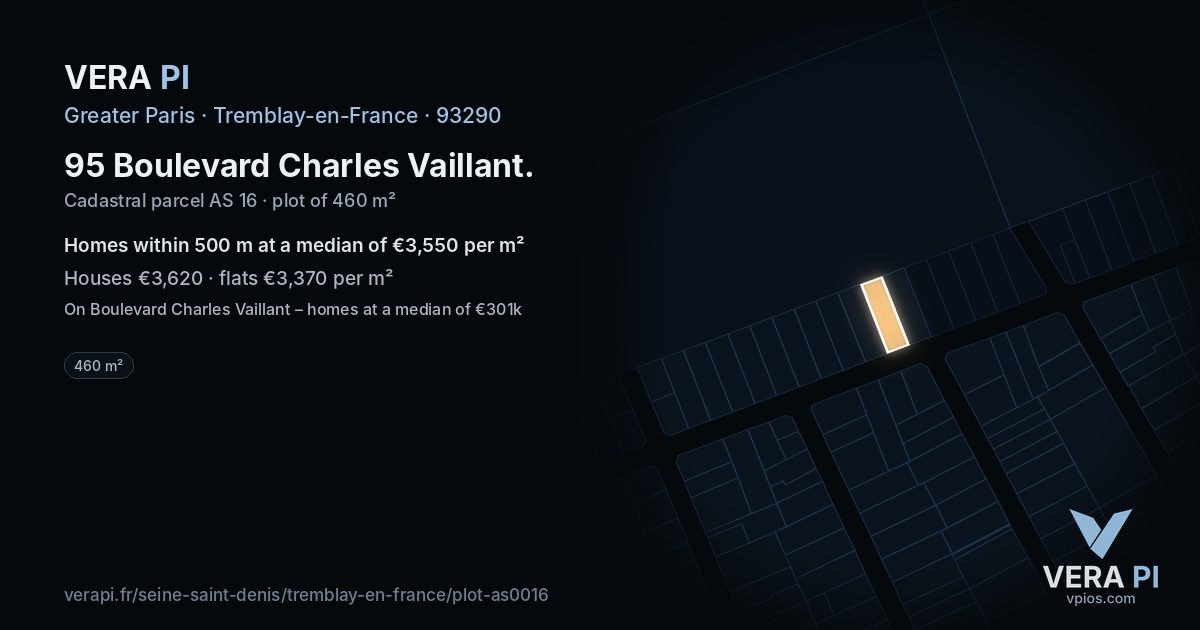 95 Boulevard Charles Vaillant, Tremblay-en-France at night – the plot lit, the parcels around coloured by the prices near them