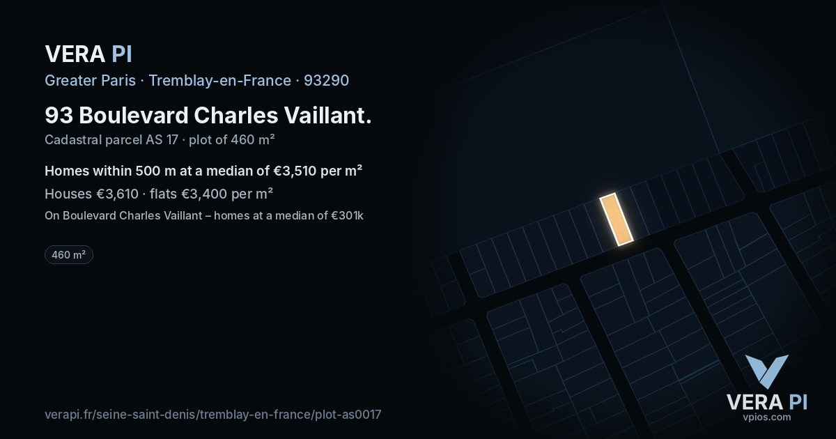 93 Boulevard Charles Vaillant, Tremblay-en-France at night – the plot lit, the parcels around coloured by the prices near them