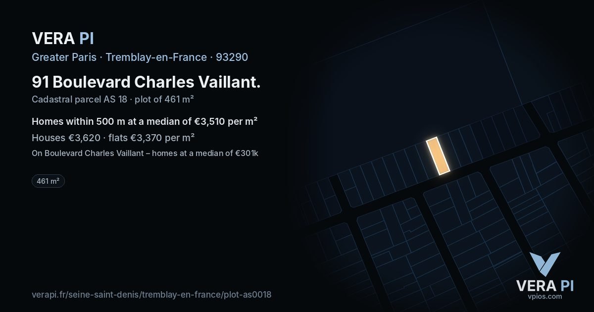 91 Boulevard Charles Vaillant, Tremblay-en-France at night – the plot lit, the parcels around coloured by the prices near them