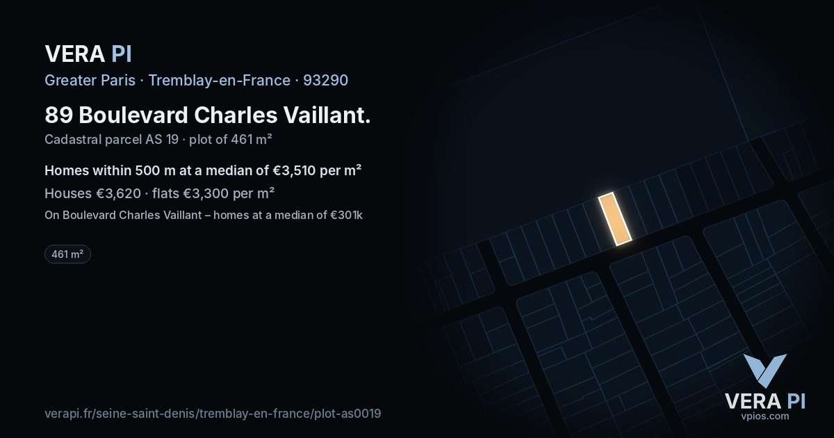 89 Boulevard Charles Vaillant, Tremblay-en-France at night – the plot lit, the parcels around coloured by the prices near them