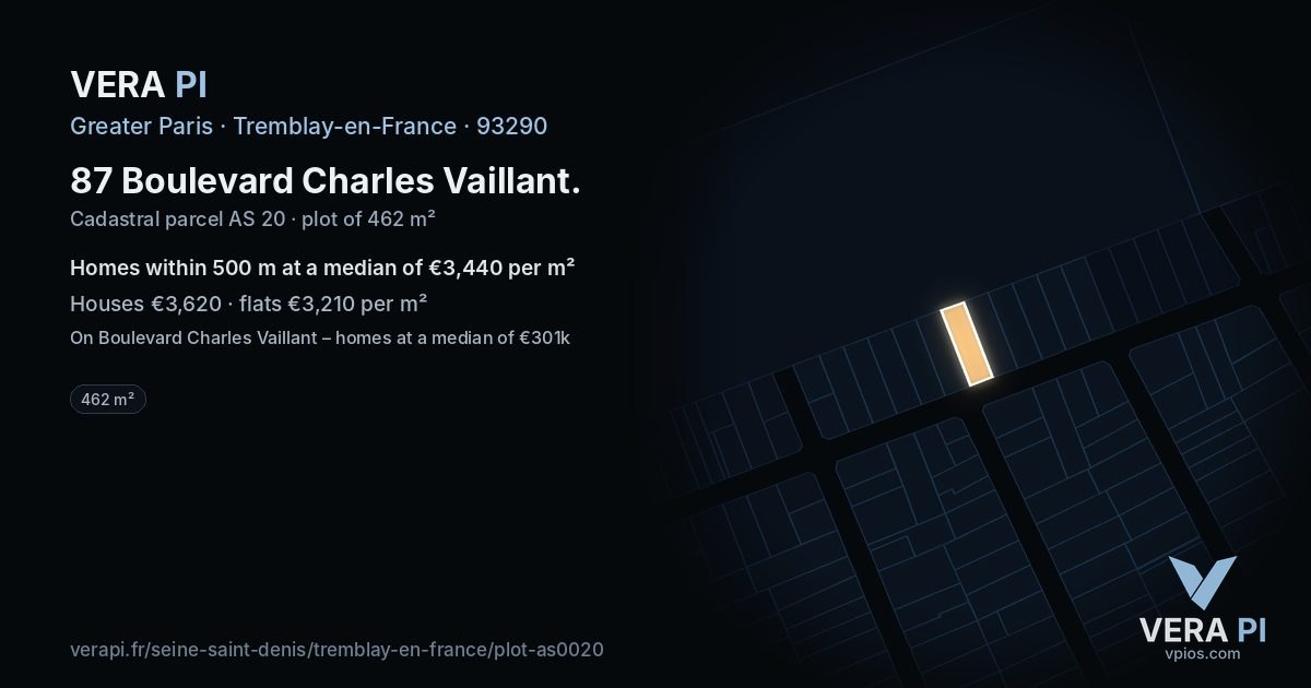 87 Boulevard Charles Vaillant, Tremblay-en-France at night – the plot lit, the parcels around coloured by the prices near them