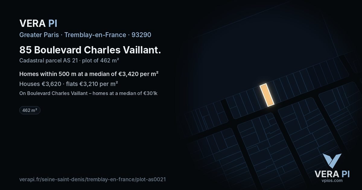 85 Boulevard Charles Vaillant, Tremblay-en-France at night – the plot lit, the parcels around coloured by the prices near them