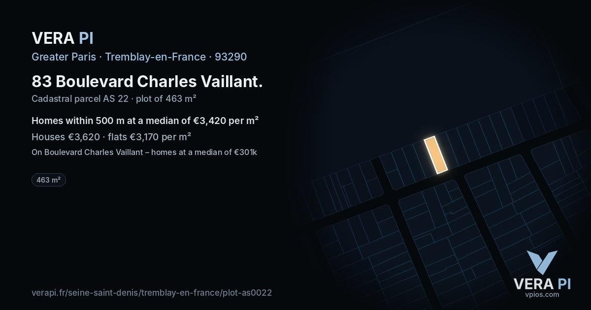 83 Boulevard Charles Vaillant, Tremblay-en-France at night – the plot lit, the parcels around coloured by the prices near them