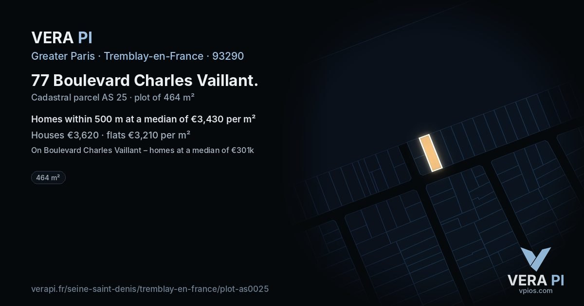 77 Boulevard Charles Vaillant, Tremblay-en-France at night – the plot lit, the parcels around coloured by the prices near them