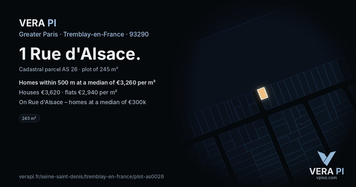 1 Rue d'Alsace, Tremblay-en-France at night – the plot lit, the parcels around coloured by the prices near them