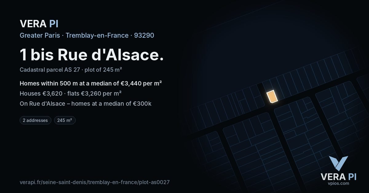 1 bis Rue d'Alsace, Tremblay-en-France at night – the plot lit, the parcels around coloured by the prices near them