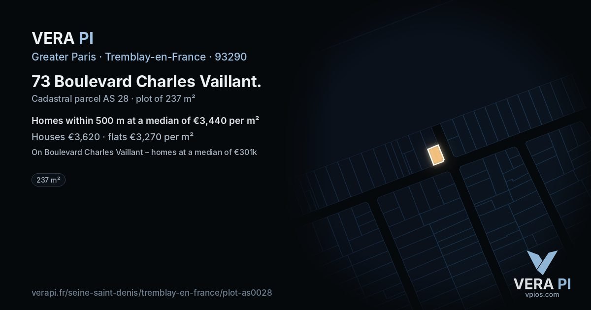 73 Boulevard Charles Vaillant, Tremblay-en-France at night – the plot lit, the parcels around coloured by the prices near them