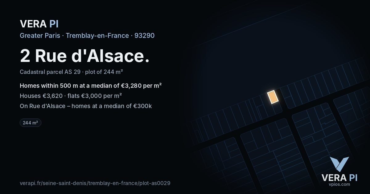 2 Rue d'Alsace, Tremblay-en-France at night – the plot lit, the parcels around coloured by the prices near them