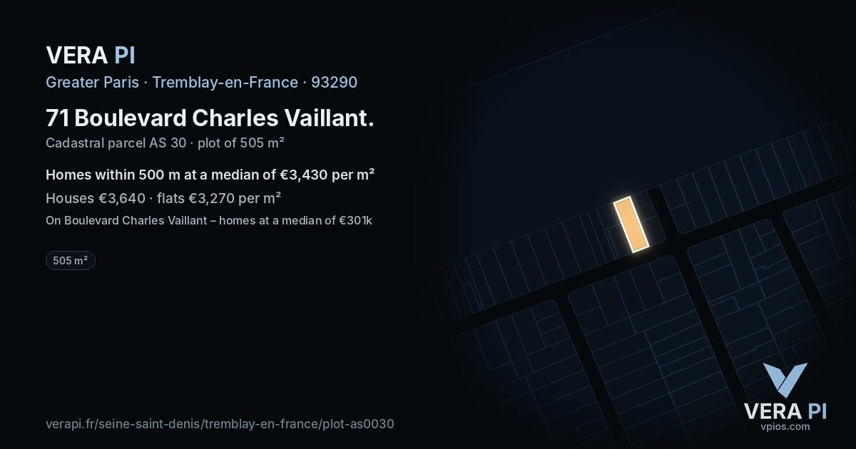 71 Boulevard Charles Vaillant, Tremblay-en-France at night – the plot lit, the parcels around coloured by the prices near them